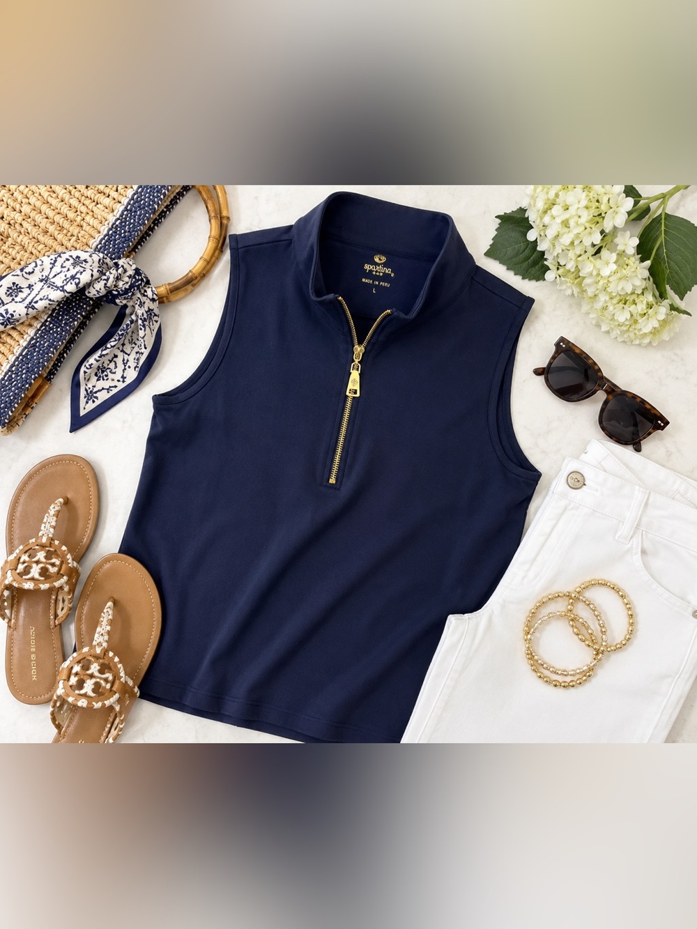 Spartina 449 Serena Navy Half Zip Sleeveless Top Gold Zip Preppy Large